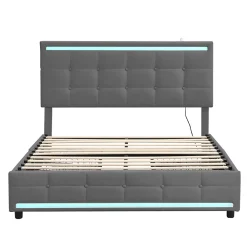 Simple Life Lit 140x200 cm avec tiroirs, capitonné, rangement, LED, 2 chargeurs USB, sommier à lattes, gris.* Lit Coffre