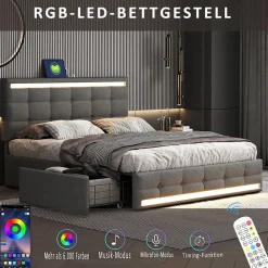 Simple Life Lit 140x200 cm avec tiroirs, capitonné, rangement, LED, 2 chargeurs USB, sommier à lattes, gris.* Lit Coffre