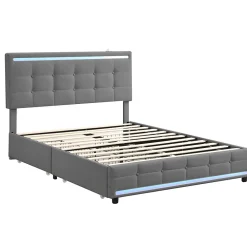 Simple Life Lit 140x200 cm avec tiroirs, capitonné, rangement, LED, 2 chargeurs USB, sommier à lattes, gris.* Lit Coffre