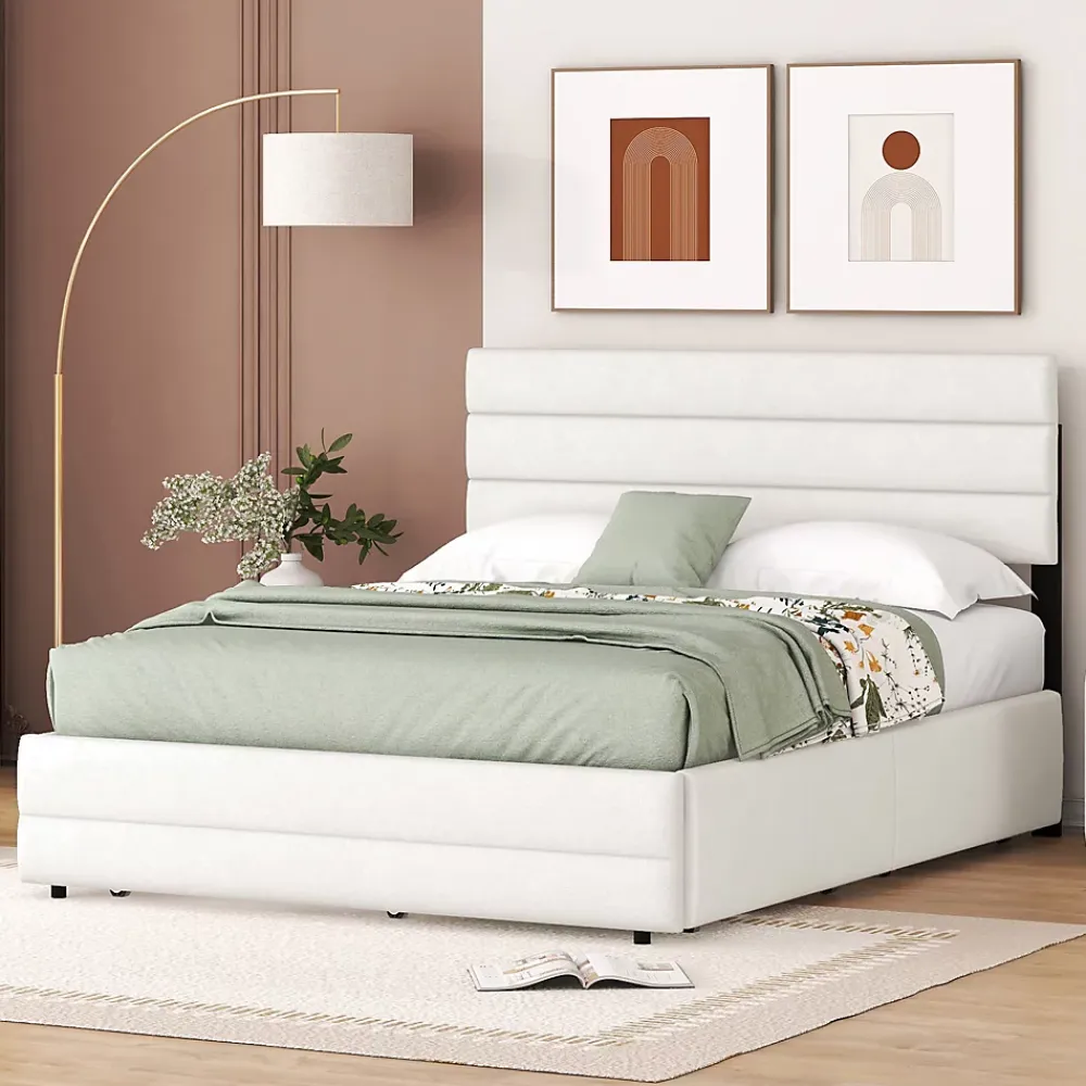 Redom Lit 140x200 cm avec tiroirs de rangement et lit gigogne, tête tapissée lin beige, cadre MDF robuste* Lit Gigogne