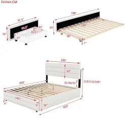 Redom Lit 140x200 cm avec tiroirs de rangement et lit gigogne, tête tapissée lin beige, cadre MDF robuste* Lit Gigogne