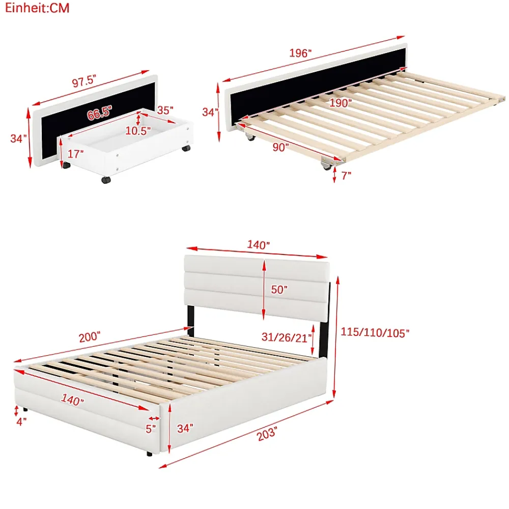 Redom Lit 140x200 cm avec tiroirs de rangement et lit gigogne, tête tapissée lin beige, cadre MDF robuste* Lit Gigogne