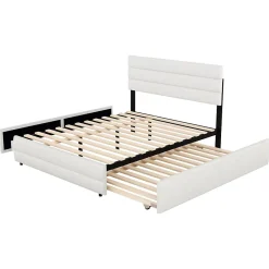 Redom Lit 140x200 cm avec tiroirs de rangement et lit gigogne, tête tapissée lin beige, cadre MDF robuste* Lit Gigogne