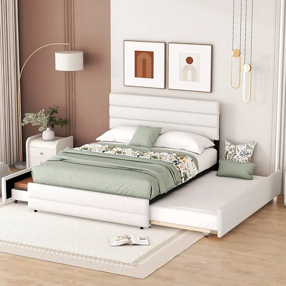 Redom Lit 140x200 cm avec tiroirs de rangement et lit gigogne, tête tapissée lin beige, cadre MDF robuste* Lit Gigogne