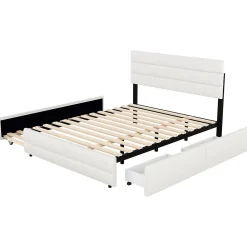 Redom Lit 140x200 cm avec tiroirs de rangement et lit gigogne, tête tapissée lin beige, cadre MDF robuste* Lit Gigogne