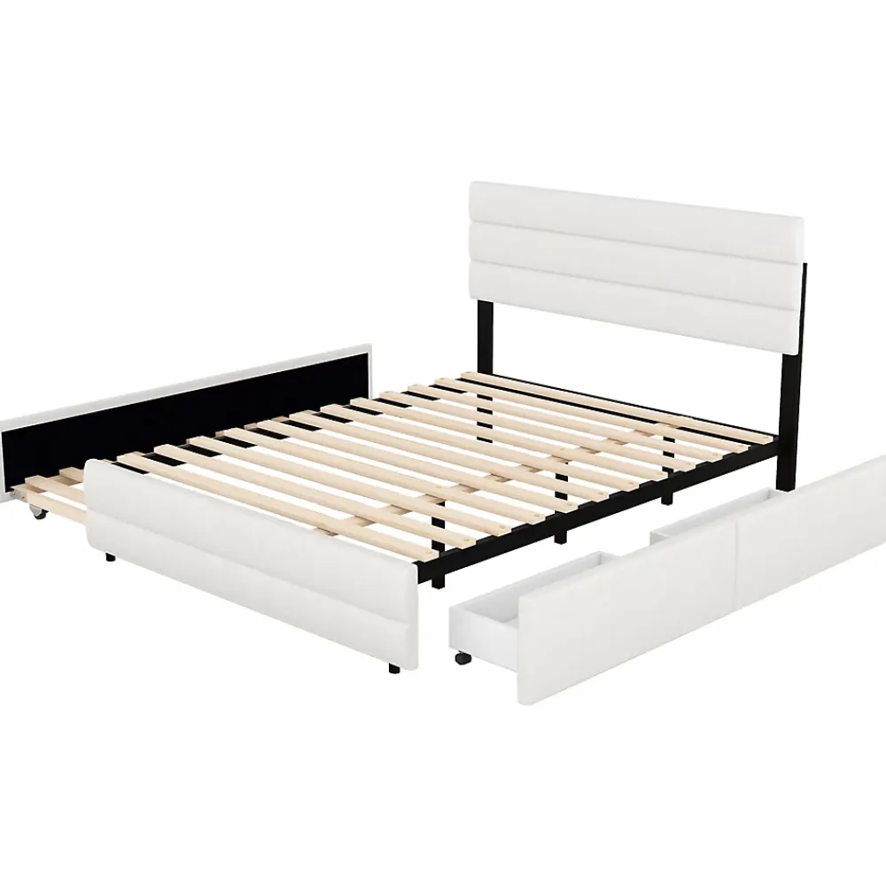 Redom Lit 140x200 cm avec tiroirs de rangement et lit gigogne, tête tapissée lin beige, cadre MDF robuste* Lit Gigogne