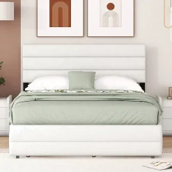 Redom Lit 140x200 cm avec tiroirs de rangement et lit gigogne, tête tapissée lin beige, cadre MDF robuste* Lit Gigogne