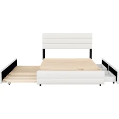 Redom Lit 140x200 cm avec tiroirs de rangement et lit gigogne, tête tapissée lin beige, cadre MDF robuste* Lit Gigogne