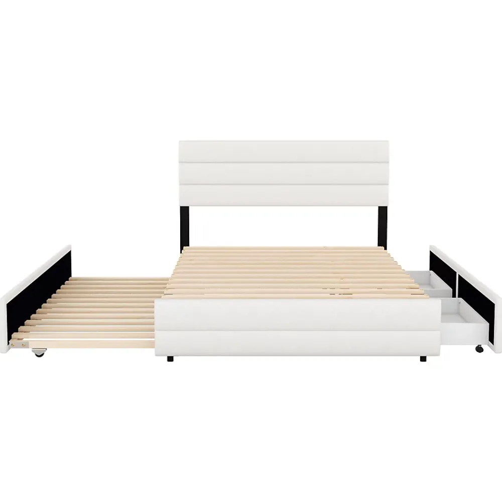 Redom Lit 140x200 cm avec tiroirs de rangement et lit gigogne, tête tapissée lin beige, cadre MDF robuste* Lit Gigogne
