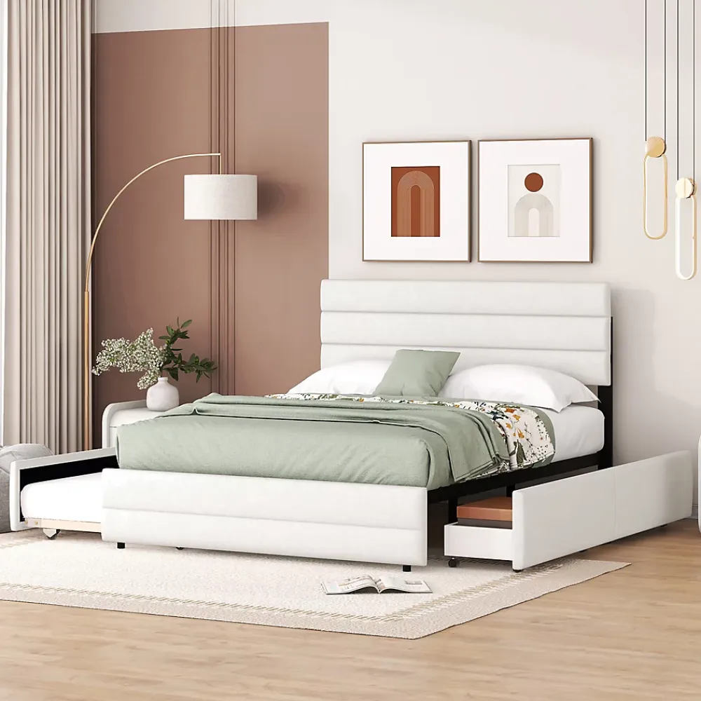Redom Lit 140x200 cm avec tiroirs de rangement et lit gigogne, tête tapissée lin beige, cadre MDF robuste* Lit Gigogne