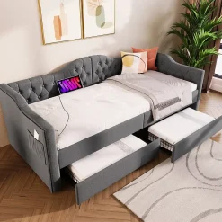 Redom Lit 90x190 cm avec tiroirs de rangement et ports USB C, cadre tapissee lin gris et tete capitonnee vintage* Ensemble Sommier Et Matelas