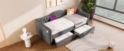 Redom Lit 90x190 cm avec tiroirs de rangement et ports USB C, cadre tapissee lin gris et tete capitonnee vintage* Ensemble Sommier Et Matelas