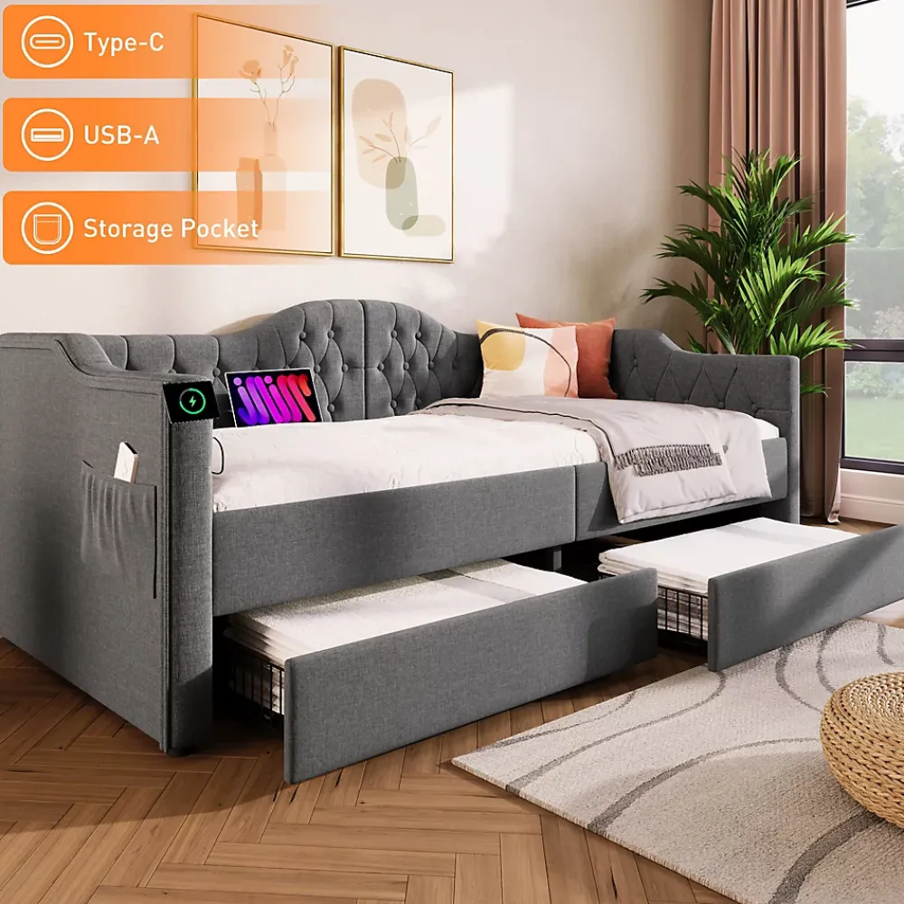 Redom Lit 90x190 cm avec tiroirs de rangement et ports USB C, cadre tapissee lin gris et tete capitonnee vintage* Ensemble Sommier Et Matelas