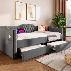 Redom Lit 90x190 cm avec tiroirs de rangement et ports USB C, cadre tapissee lin gris et tete capitonnee vintage* Ensemble Sommier Et Matelas