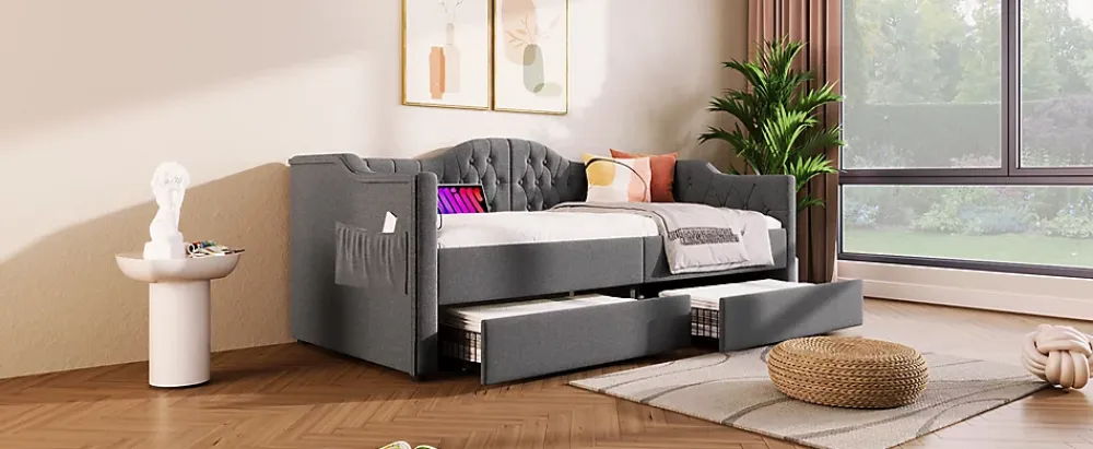 Redom Lit 90x190 cm avec tiroirs de rangement et ports USB C, cadre tapissee lin gris et tete capitonnee vintage* Ensemble Sommier Et Matelas
