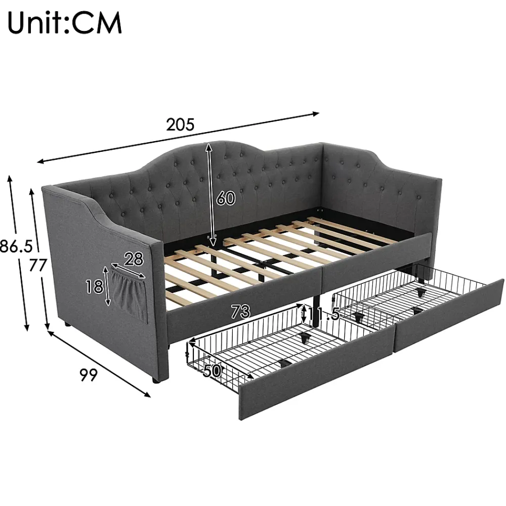 Redom Lit 90x190 cm avec tiroirs de rangement et ports USB C, cadre tapissee lin gris et tete capitonnee vintage* Ensemble Sommier Et Matelas