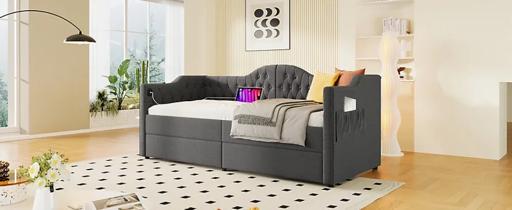 Redom Lit 90x190 cm avec tiroirs de rangement et ports USB C, cadre tapissee lin gris et tete capitonnee vintage* Ensemble Sommier Et Matelas