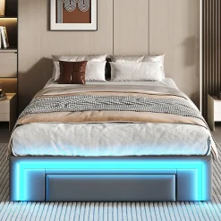 Lit 90x200 cm avec tiroirs de rangement, tapissee PU cuir gris et bande LED RGB, cadre metal robuste, sans tete de lit><noscript><img width=