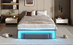 Lit 90x200 cm avec tiroirs de rangement, tapissee PU cuir gris et bande LED RGB, cadre metal robuste, sans tete de lit><noscript><img width=