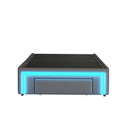 Lit 90x200 cm avec tiroirs de rangement, tapissee PU cuir gris et bande LED RGB, cadre metal robuste, sans tete de lit><noscript><img width=