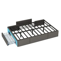 Lit 90x200 cm avec tiroirs de rangement, tapissee PU cuir gris et bande LED RGB, cadre metal robuste, sans tete de lit><noscript><img width=