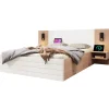 Lit 140x200 cm avec tiroirs de rangement et tête de lit avec liseuse 360 et prise USB blanc et chêne>Redom Outlet