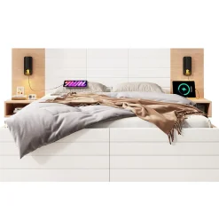 Lit 140x200 cm avec tiroirs de rangement et tête de lit avec liseuse 360 et prise USB blanc et chêne>Redom Outlet