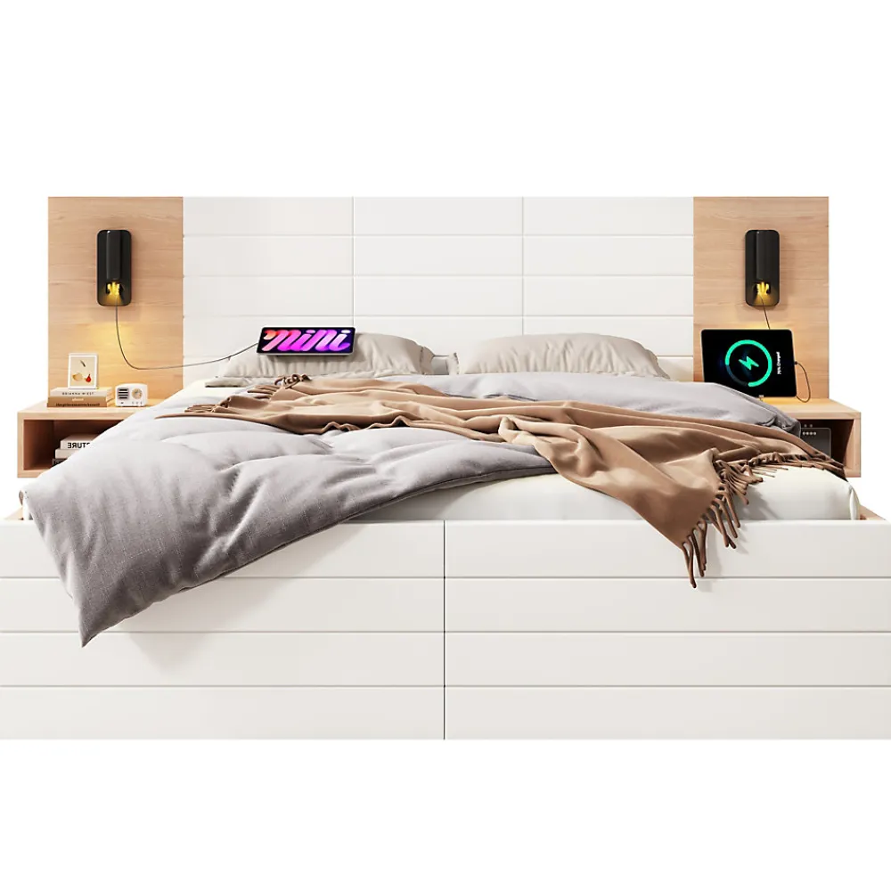 Lit 140x200 cm avec tiroirs de rangement et tête de lit avec liseuse 360 et prise USB blanc et chêne>Redom Outlet