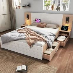 Lit 140x200 cm avec tiroirs de rangement et tête de lit avec liseuse 360 et prise USB blanc et chêne><noscript><img width=
