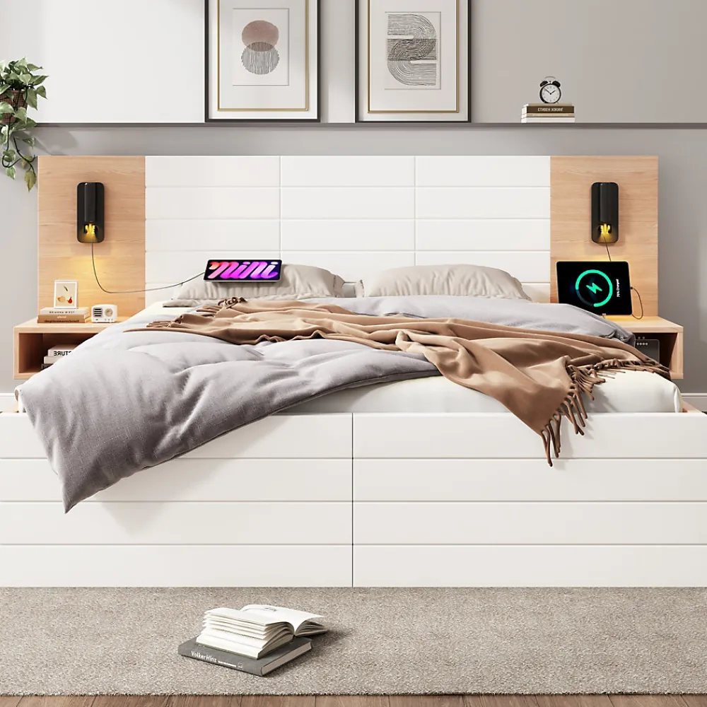 Lit 140x200 cm avec tiroirs de rangement et tête de lit avec liseuse 360 et prise USB blanc et chêne>Redom Outlet