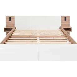 Lit 140x200 cm avec tiroirs de rangement et tête de lit avec liseuse 360 et prise USB blanc et chêne><noscript><img width=