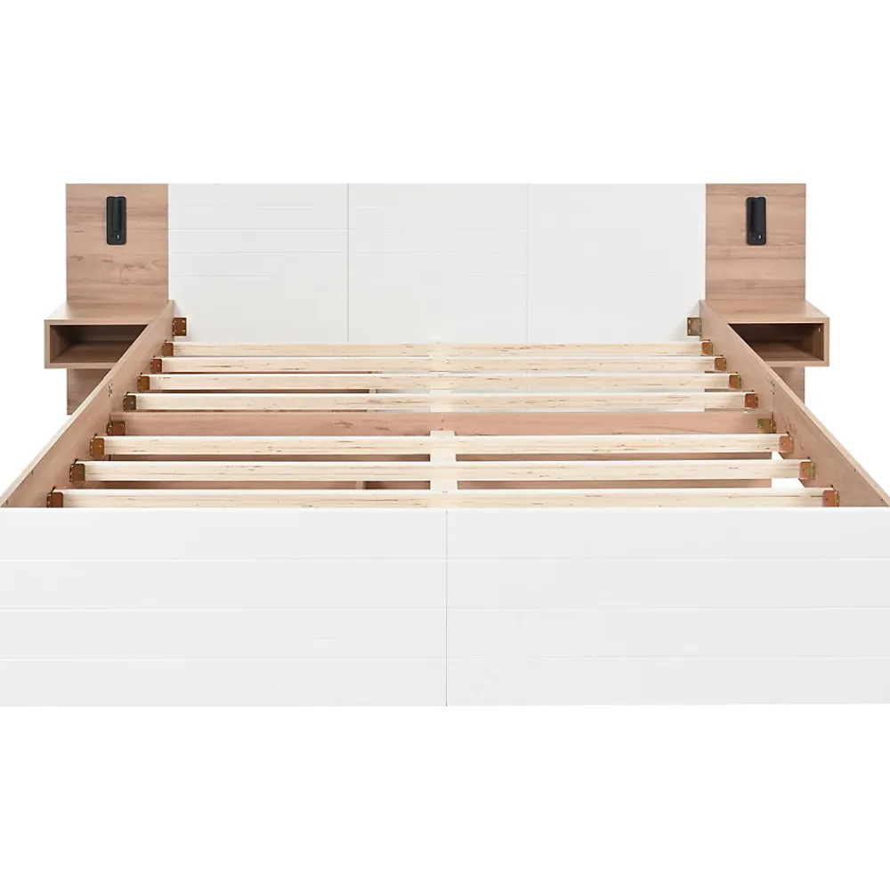 Lit 140x200 cm avec tiroirs de rangement et tête de lit avec liseuse 360 et prise USB blanc et chêne>Redom Outlet