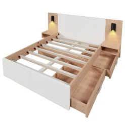 Lit 140x200 cm avec tiroirs de rangement et tête de lit avec liseuse 360 et prise USB blanc et chêne><noscript><img width=