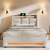 Lit 90x200 cm avec tête capitonnée en lin, éclairage LED multicolore et prise USB intégrée, coffre relevable>Redom Best
