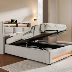 Lit 90x200 cm avec tête capitonnée en lin, éclairage LED multicolore et prise USB intégrée, coffre relevable>Redom Best