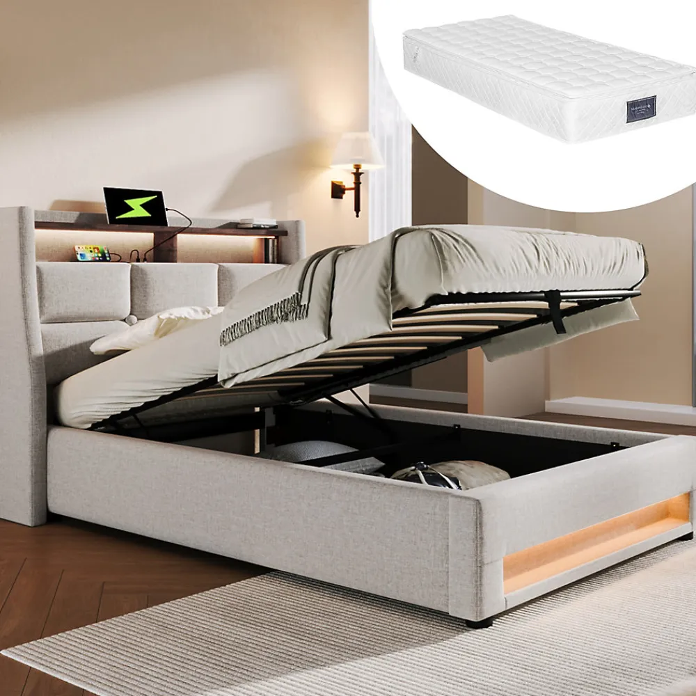 Lit 90x200 cm avec tête capitonnée en lin, éclairage LED multicolore et prise USB intégrée, coffre relevable>Redom Best