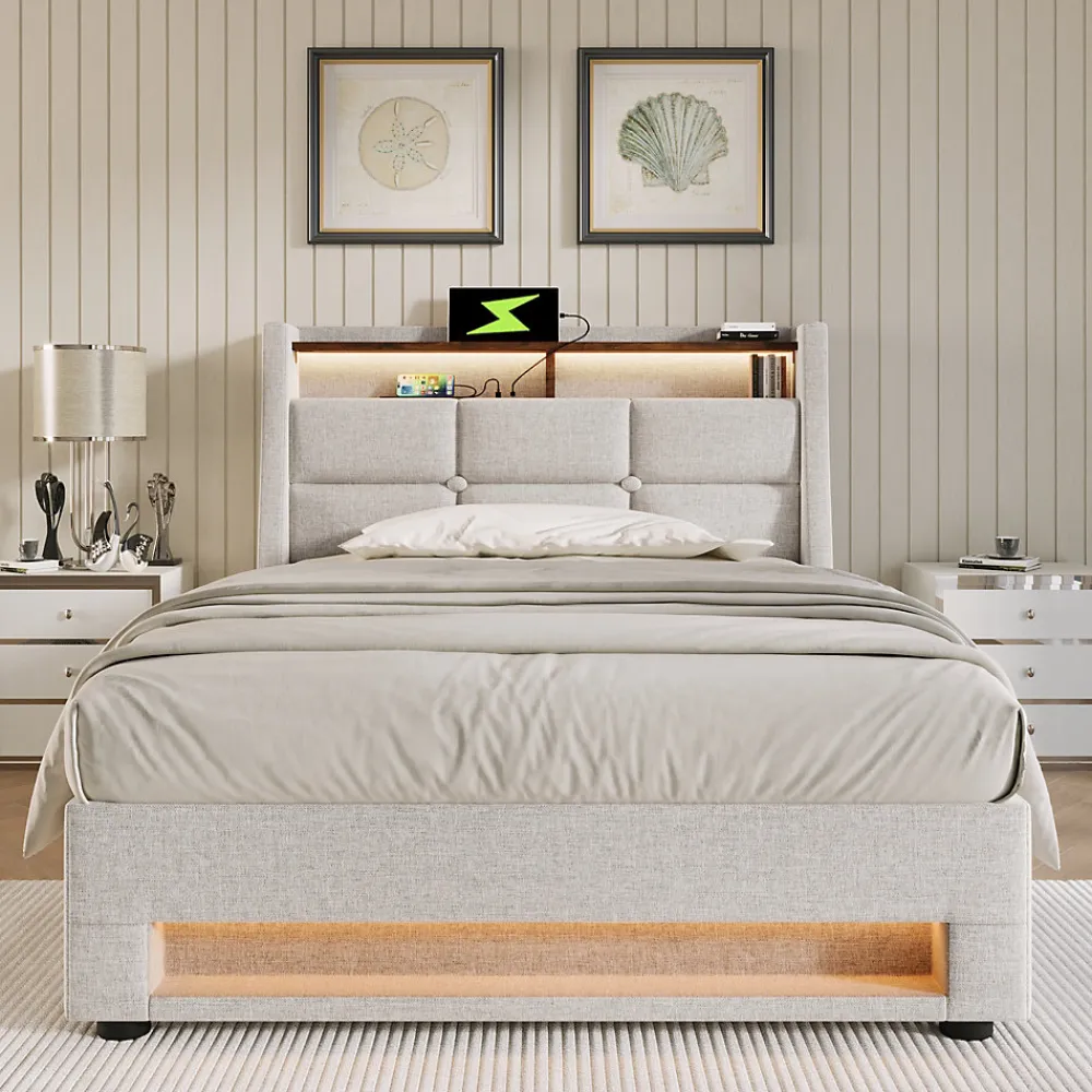Lit 90x200 cm avec tête capitonnée en lin, éclairage LED multicolore et prise USB intégrée, coffre relevable>Redom Best
