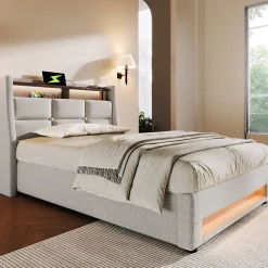 Lit 90x200 cm avec tête capitonnée en lin, éclairage LED multicolore et prise USB intégrée, coffre relevable><noscript><img width=