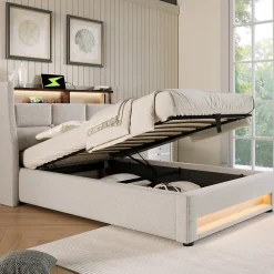 Lit 90x200 cm avec tête capitonnée en lin, éclairage LED multicolore et prise USB intégrée, coffre relevable><noscript><img width=