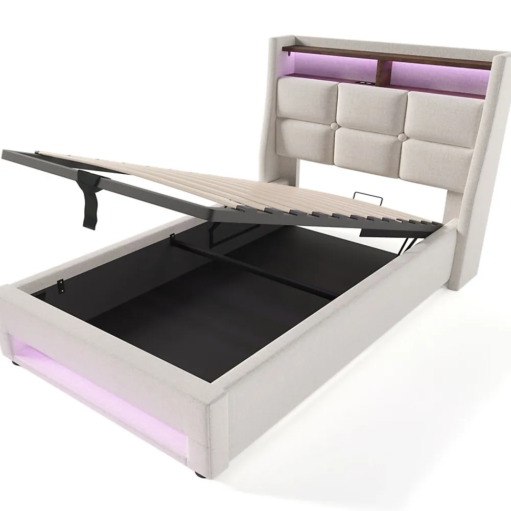 Lit 90x200 cm avec tête capitonnée en lin, éclairage LED multicolore et prise USB intégrée, coffre relevable>Redom Best