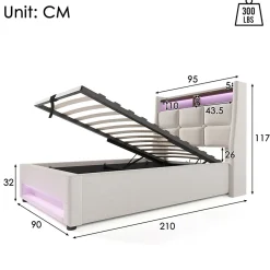 Lit 90x200 cm avec tête capitonnée en lin, éclairage LED multicolore et prise USB intégrée, coffre relevable><noscript><img width=