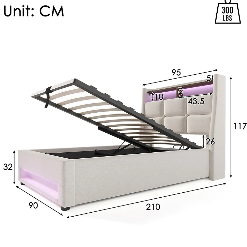 Lit 90x200 cm avec tête capitonnée en lin, éclairage LED multicolore et prise USB intégrée, coffre relevable>Redom Best