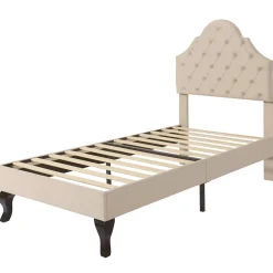 Redom Lit 90x200 cm avec tête de lit réglable et sommier à lattes, revêtement velours beige, design classique* Lit Simple