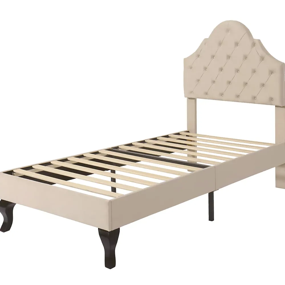 Redom Lit 90x200 cm avec tête de lit réglable et sommier à lattes, revêtement velours beige, design classique* Lit Simple