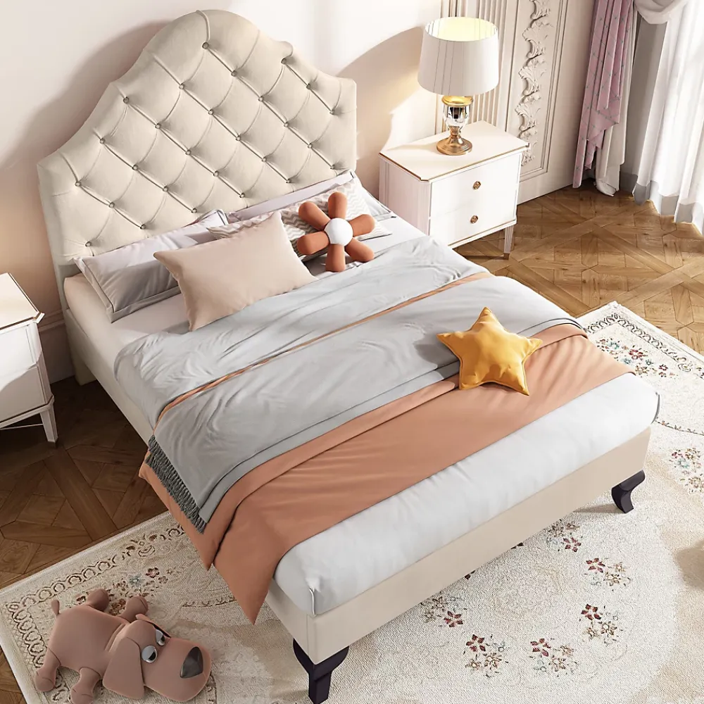 Redom Lit 90x200 cm avec tête de lit réglable et sommier à lattes, revêtement velours beige, design classique* Lit Simple