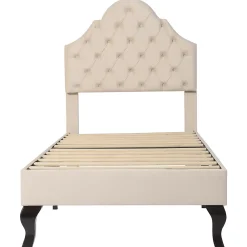 Redom Lit 90x200 cm avec tête de lit réglable et sommier à lattes, revêtement velours beige, design classique* Lit Simple
