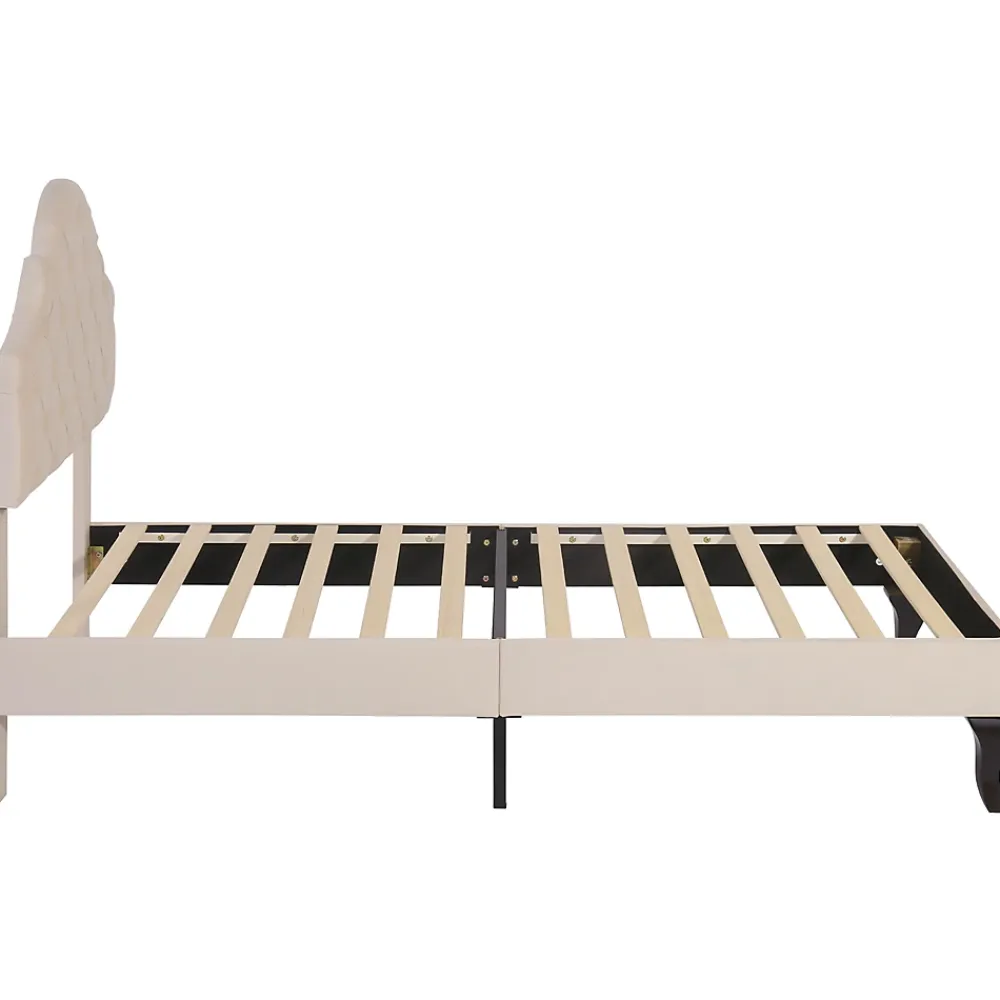 Redom Lit 90x200 cm avec tête de lit réglable et sommier à lattes, revêtement velours beige, design classique* Lit Simple