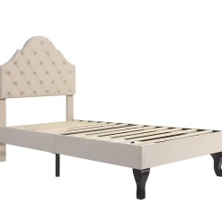 Redom Lit 90x200 cm avec tête de lit réglable et sommier à lattes, revêtement velours beige, design classique* Lit Simple