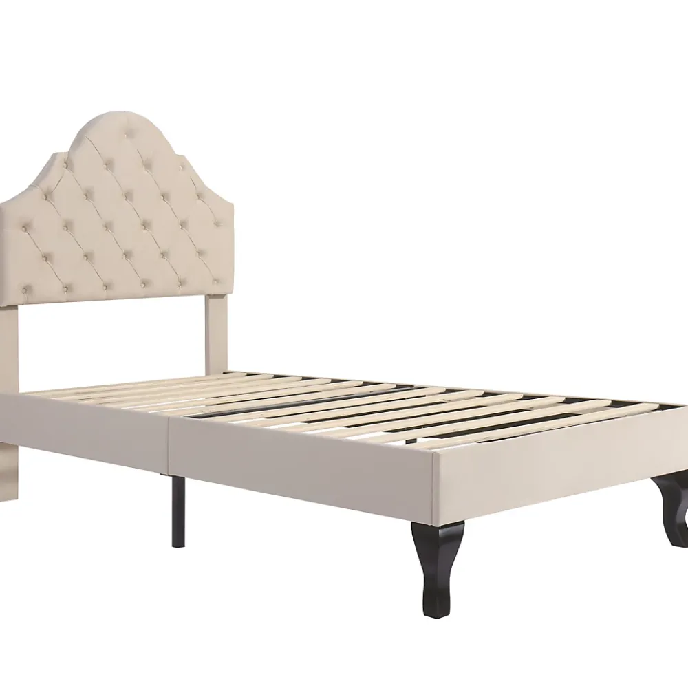 Redom Lit 90x200 cm avec tête de lit réglable et sommier à lattes, revêtement velours beige, design classique* Lit Simple