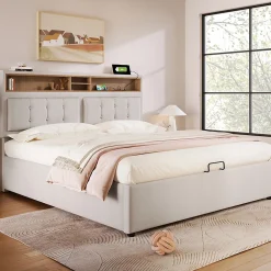 Redom Lit 160x200 cm avec tête de lit réglable et rangement intégré, tapissé lin beige, prise USB/Type-C* Lit Avec Rangement